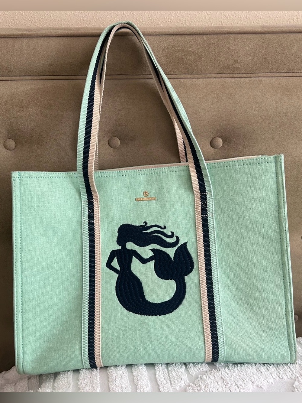 Spartina 449 Mint Canvas Tote Bag with Navy Mermaid Embroidery